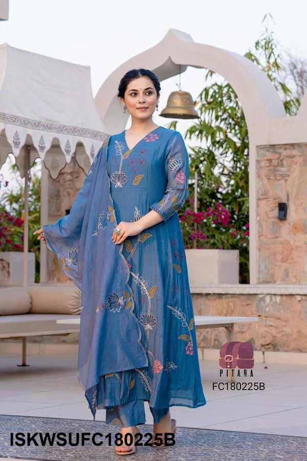 Embroidered Malmal Chanderi Flared Kurti With Silk Pant And Dupatta-ISKWSUFC180225C/FC180225B