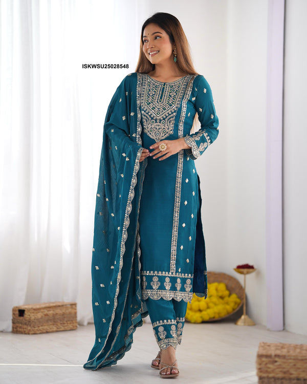 Embroidered Chinon Silk Kurti With Pant And Dupatta-ISKWSU25028548