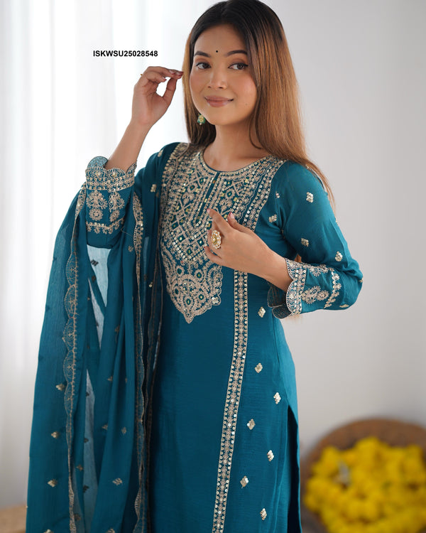 Embroidered Chinon Silk Kurti With Pant And Dupatta-ISKWSU25028548