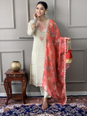 Embroidered Chanderi Kurti With Pant And Printed Silk Dupatta-ISKWSU25028549