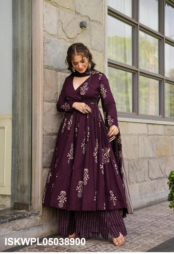 Printed Cotton Anarkali Kurti With Palazzo And Dupatta-ISKWPL05038900