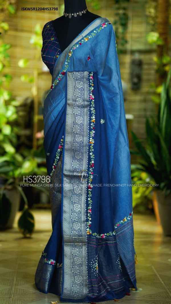 Embroidered Munga Crepe Silk Saree With Blouse-ISKWSR1204HS3798