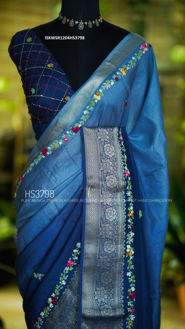 Embroidered Munga Crepe Silk Saree With Blouse-ISKWSR1204HS3798