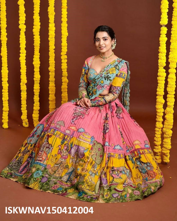 Kalamkari Printed Crepe Lehenga With Blouse And Dupatta-ISKWNAV150412004
