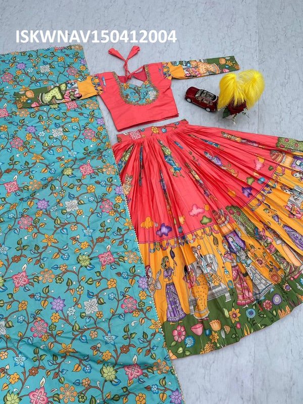 Kalamkari Printed Crepe Lehenga With Blouse And Dupatta-ISKWNAV150412004