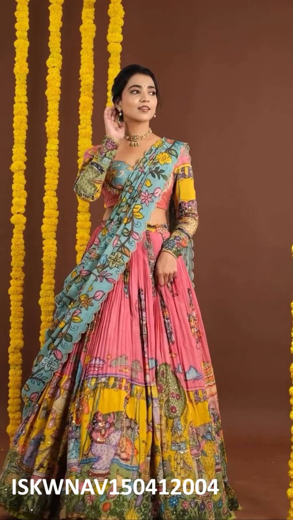 Kalamkari Printed Crepe Lehenga With Blouse And Dupatta-ISKWNAV150412004