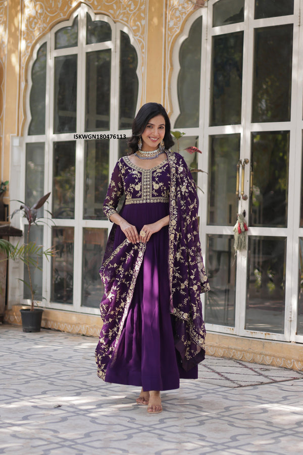Embroidered Georgette Gown With Dupatta-ISKWGN180476113
