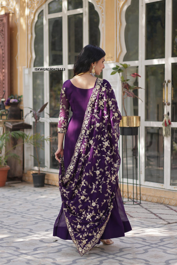 Embroidered Georgette Gown With Dupatta-ISKWGN180476113