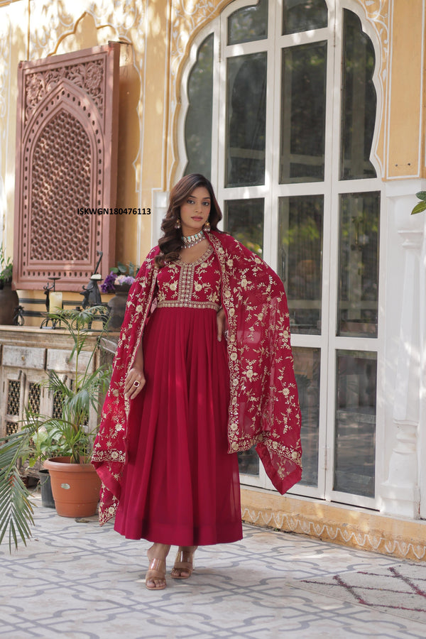 Embroidered Georgette Gown With Dupatta-ISKWGN180476113