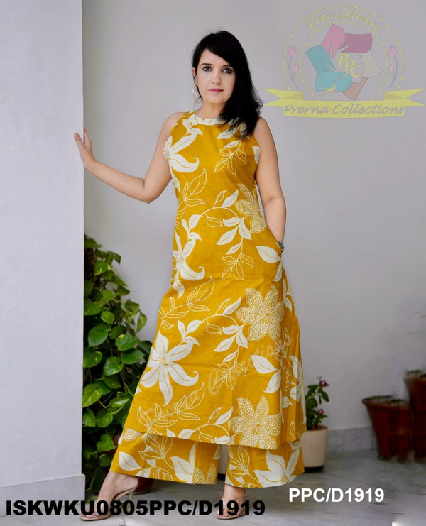 Kalamkari Printed Cotton A-Line Kurti With Palazzo-ISKWKU0805PPC/D1919