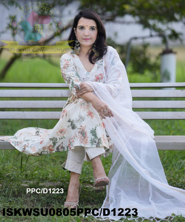 Kalamkari Printed Cotton Anarkali Kurti With Pant And Handloom Kota Doriya Dupatta-ISKWSU0805PPC/D1223
