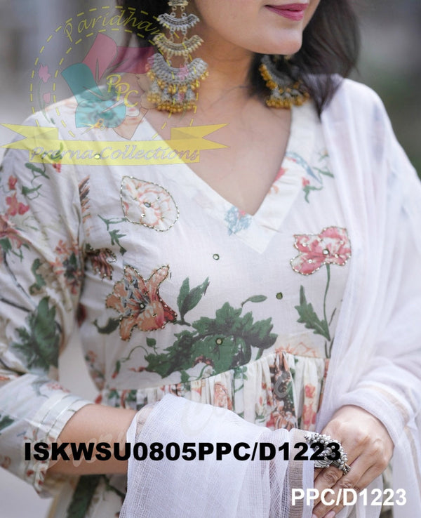 Kalamkari Printed Cotton Anarkali Kurti With Pant And Handloom Kota Doriya Dupatta-ISKWSU0805PPC/D1223