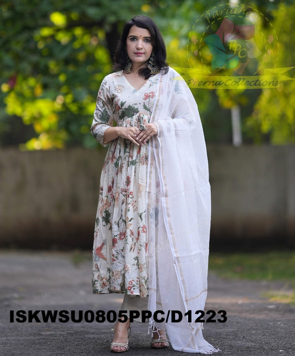 Kalamkari Printed Cotton Anarkali Kurti With Pant And Handloom Kota Doriya Dupatta-ISKWSU0805PPC/D1223