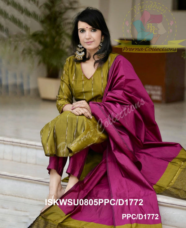 Ikkat Weaved Silk Kurti With Pant And Dupatta-ISKWSU0805PPC/D1772