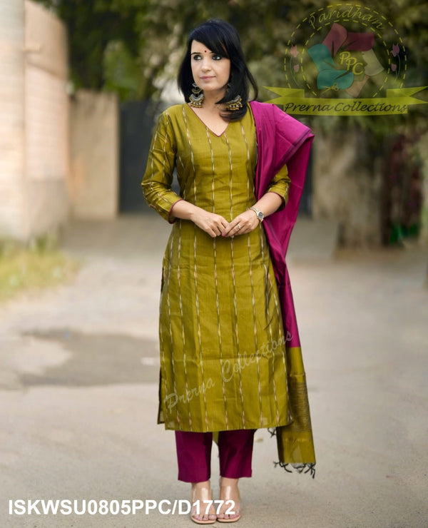 Ikkat Weaved Silk Kurti With Pant And Dupatta-ISKWSU0805PPC/D1772