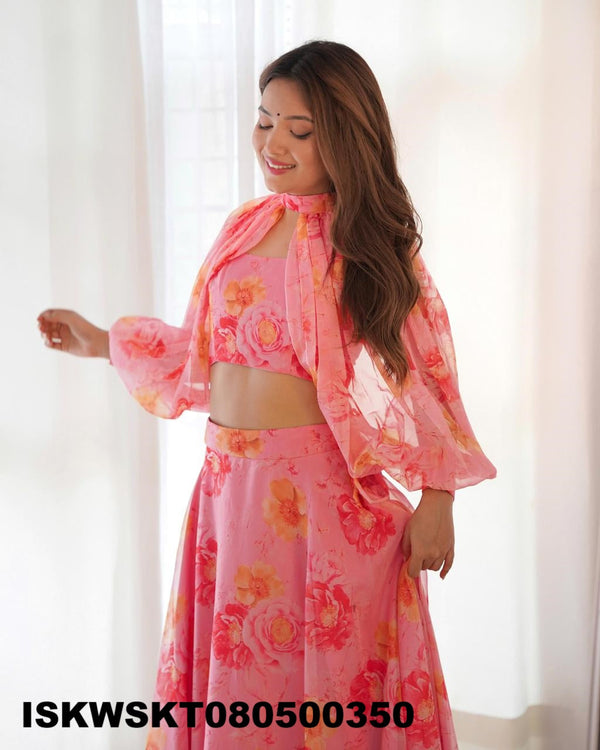 Floral Printed Organza Skirt With Tabby Organza Silk Blouse-ISKWSKT080500350