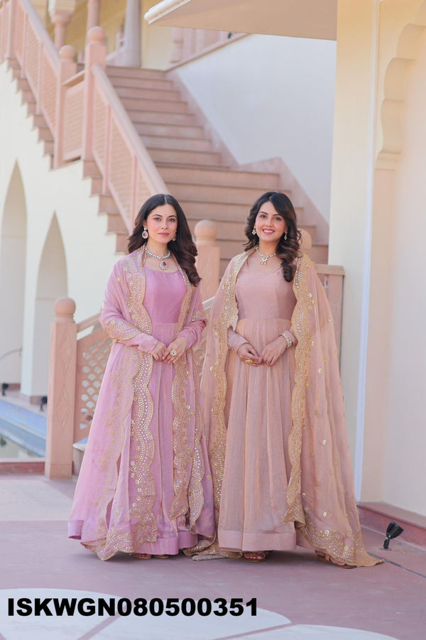 Embroidered Chiffon Gown With Dupatta-ISKWGN080500351