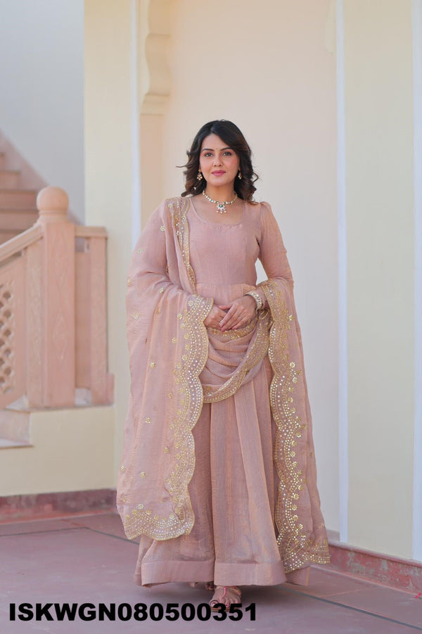 Embroidered Chiffon Gown With Dupatta-ISKWGN080500351