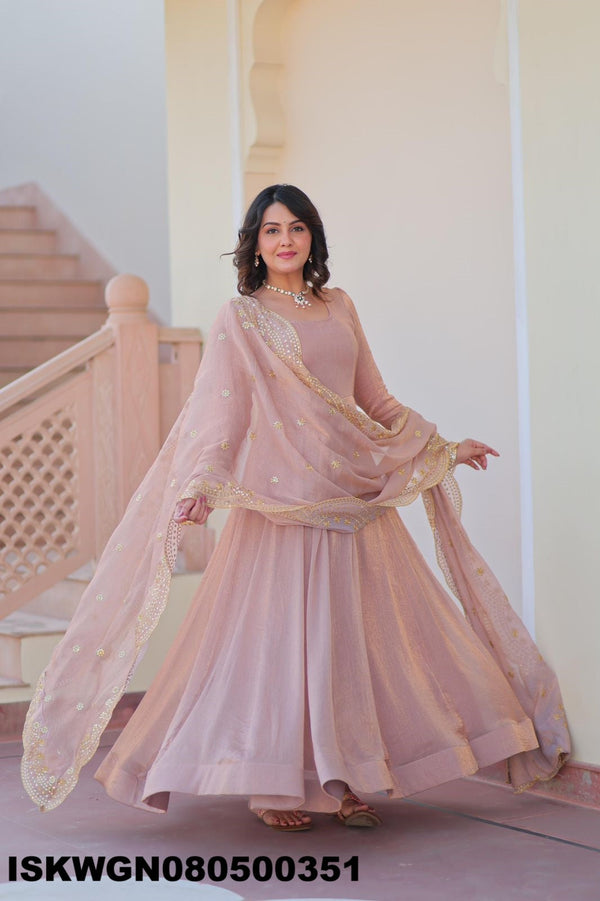Embroidered Chiffon Gown With Dupatta-ISKWGN080500351