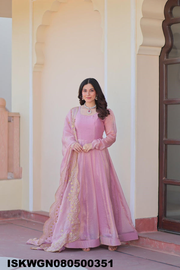 Embroidered Chiffon Gown With Dupatta-ISKWGN080500351