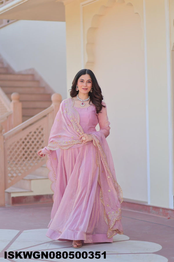 Embroidered Chiffon Gown With Dupatta-ISKWGN080500351