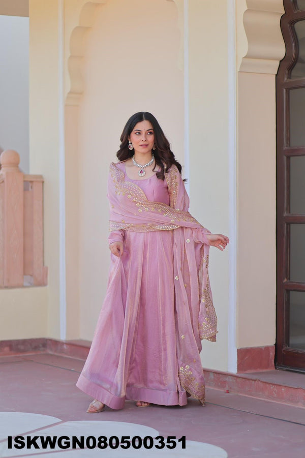 Embroidered Chiffon Gown With Dupatta-ISKWGN080500351