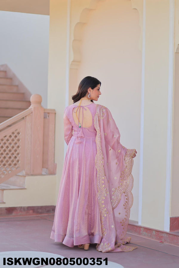 Embroidered Chiffon Gown With Dupatta-ISKWGN080500351