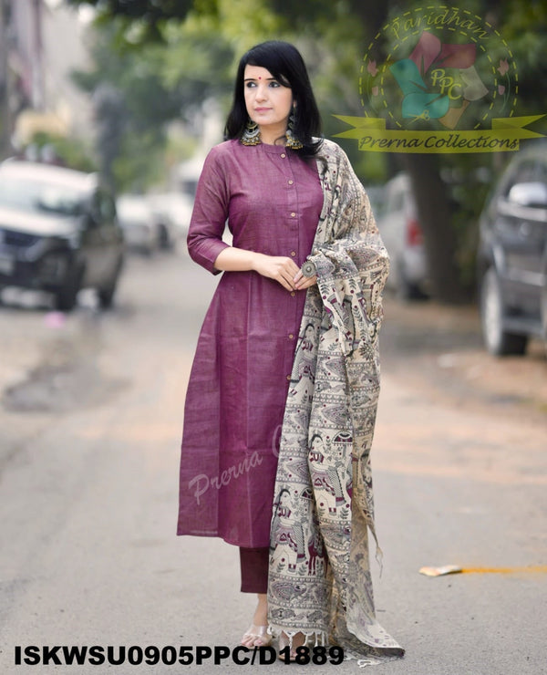 Khadi Cotton Kurti With Khadi Pant And Madhubani Printed Dupatta-ISKWSU0905PPC/D1889