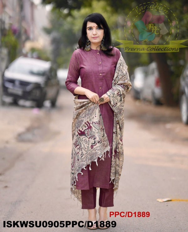 Khadi Cotton Kurti With Khadi Pant And Madhubani Printed Dupatta-ISKWSU0905PPC/D1889