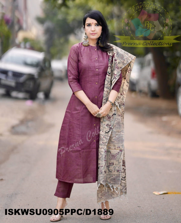 Khadi Cotton Kurti With Khadi Pant And Madhubani Printed Dupatta-ISKWSU0905PPC/D1889