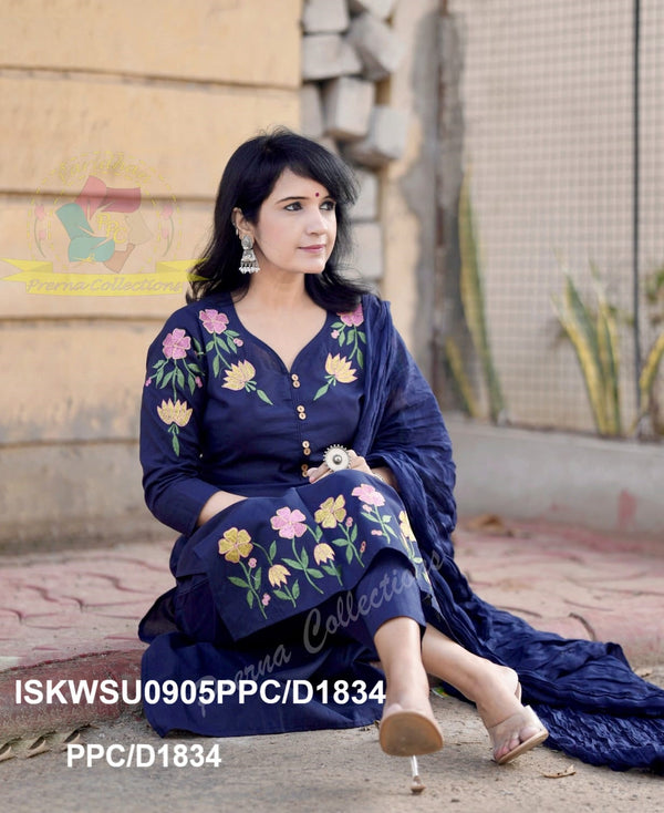 Embroidered Cotton Kurti With Pant And Malmal Cotton Dupatta-ISKWSU0905PPC/D1834
