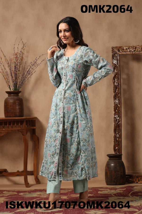 Floral Printed Malmal Front Slit Kurti With Palazzo-ISKWKU1707OMK2064