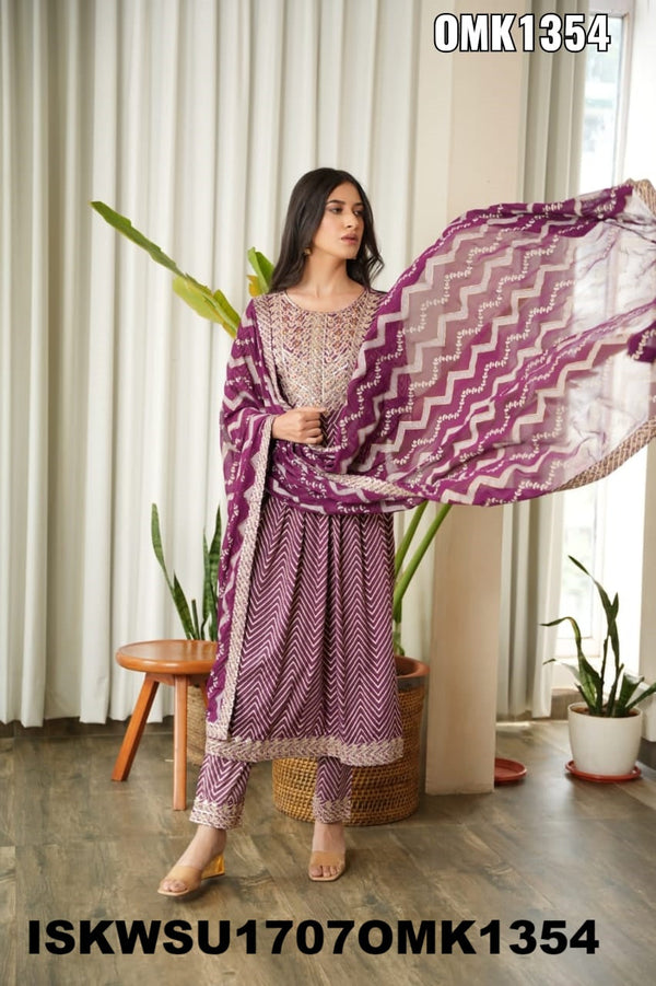 Embroidered Rayon Naira Cut Kurti With Pant And Chiffon Dupatta-ISKWSU1707OMK1354