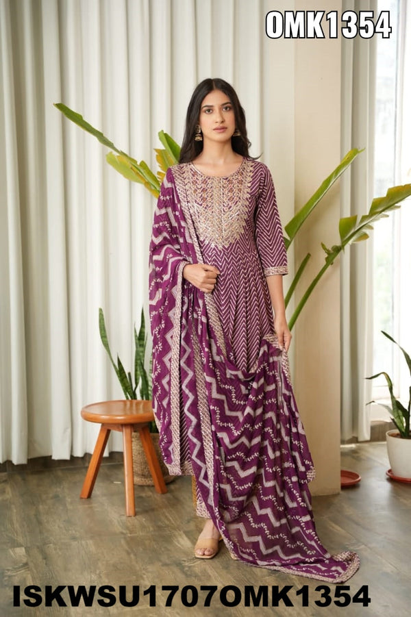 Embroidered Rayon Naira Cut Kurti With Pant And Chiffon Dupatta-ISKWSU1707OMK1354