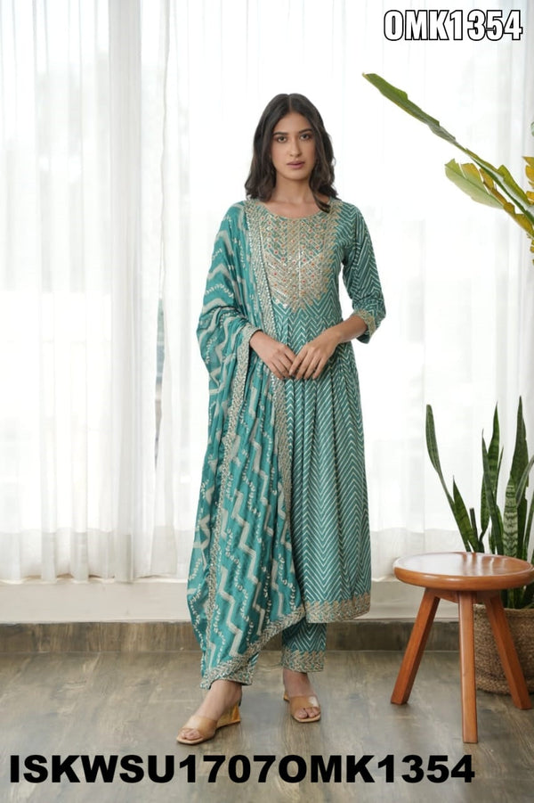 Embroidered Rayon Naira Cut Kurti With Pant And Chiffon Dupatta-ISKWSU1707OMK1354