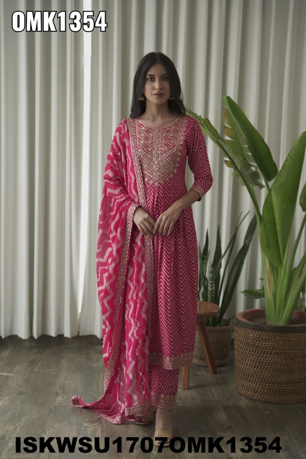 Embroidered Rayon Naira Cut Kurti With Pant And Chiffon Dupatta-ISKWSU1707OMK1354
