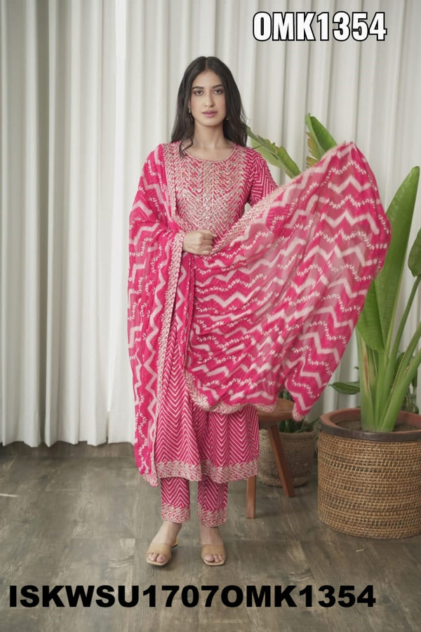 Embroidered Rayon Naira Cut Kurti With Pant And Chiffon Dupatta-ISKWSU1707OMK1354