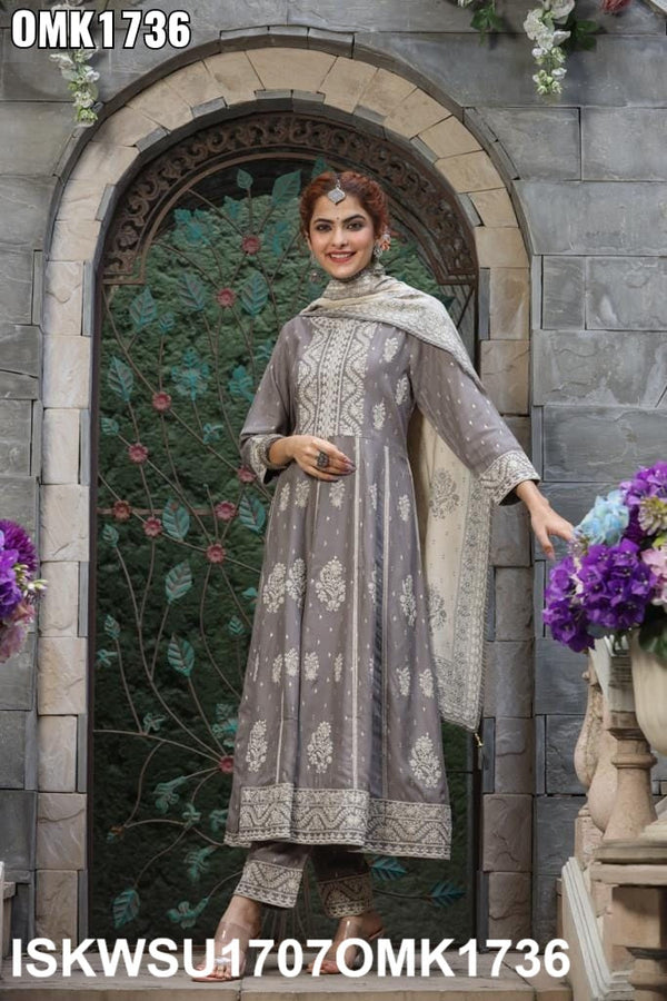 Embroidered Rayon Anarkali Kurti With Pant And Printed Dupatta-ISKWSU1707OMK1736