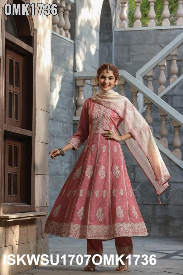 Embroidered Rayon Anarkali Kurti With Pant And Printed Dupatta-ISKWSU1707OMK1736