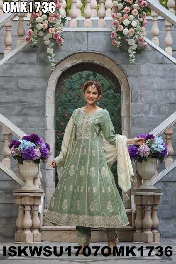 Embroidered Rayon Anarkali Kurti With Pant And Printed Dupatta-ISKWSU1707OMK1736