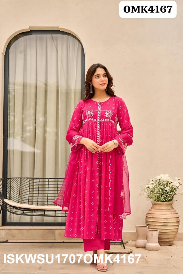 Digital Bandhani Printed Malmal Chanderi Kurti With Shantoon Pant And Organza Dupatta-ISKWSU1707OMK4167