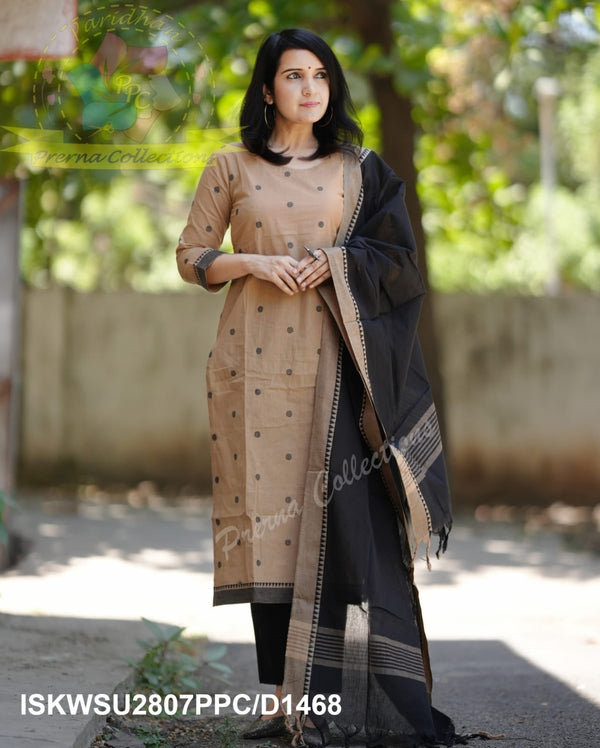 Handloom Cotton Kurti With Cotton Pant And Handloom Cotton Dupatta-ISKWSU2807PPC/D1468