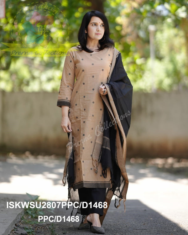 Handloom Cotton Kurti With Cotton Pant And Handloom Cotton Dupatta-ISKWSU2807PPC/D1468