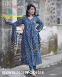 Hand Block Printed Cotton Anarkali Kurti With Pant And Chanderi Silk Dupatta-ISKWSU2807PPC/D1316