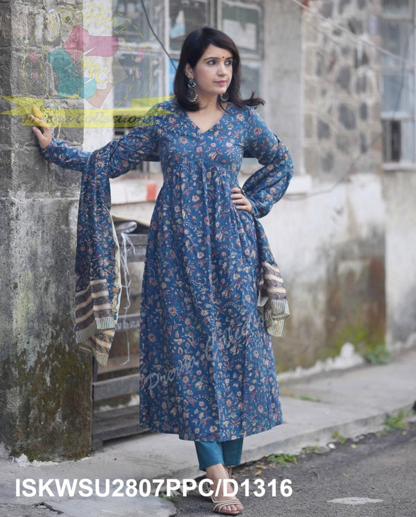 Hand Block Printed Cotton Anarkali Kurti With Pant And Chanderi Silk Dupatta-ISKWSU2807PPC/D1316