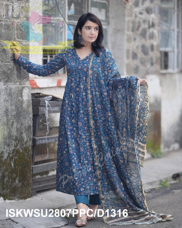 Hand Block Printed Cotton Anarkali Kurti With Pant And Chanderi Silk Dupatta-ISKWSU2807PPC/D1316