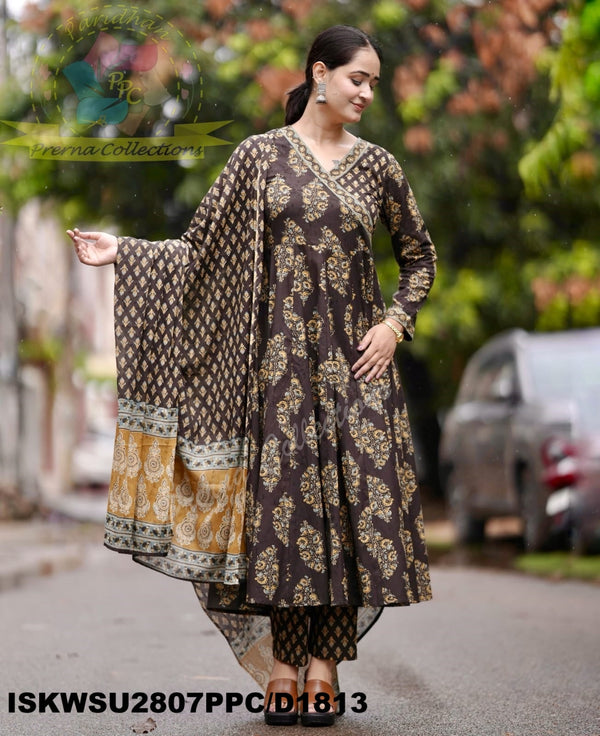 Ajrakh Printed Cotton Anarkali Kurti With Pant And Malmal Cotton Dupatta-ISKWSU2807PPC/D1813