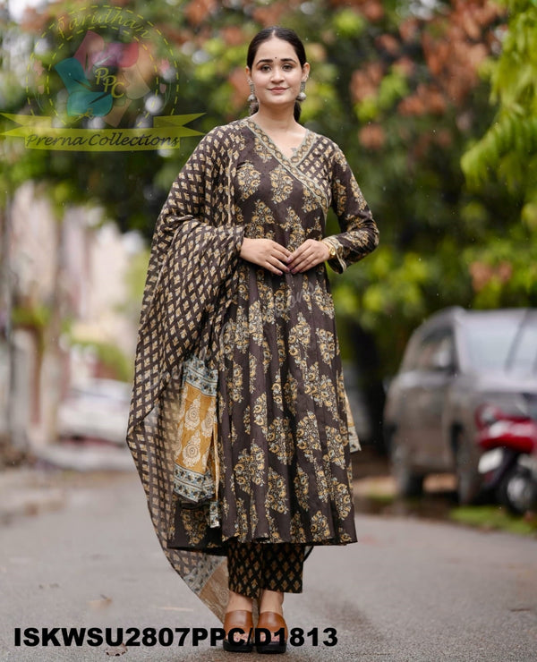 Ajrakh Printed Cotton Anarkali Kurti With Pant And Malmal Cotton Dupatta-ISKWSU2807PPC/D1813