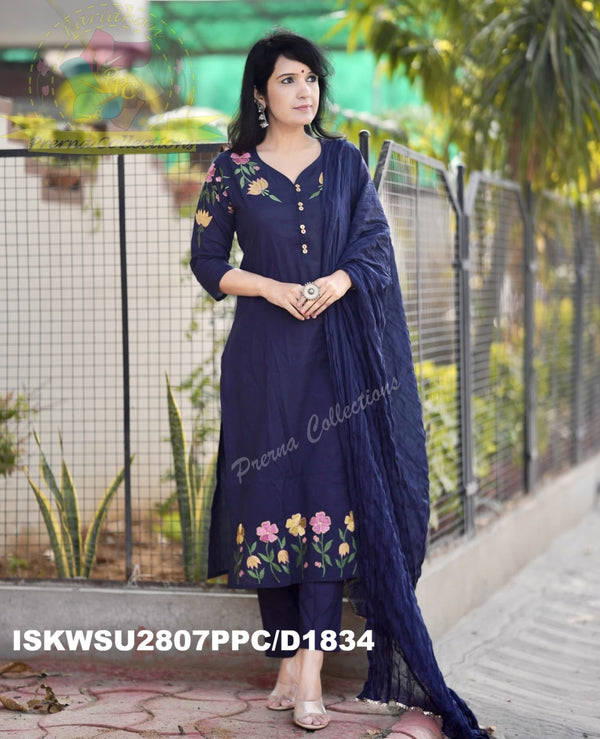 Embroidered Cotton Kurti With Pant And Malmal Cotton Dupatta-ISKWSU2807PPC/D1834
