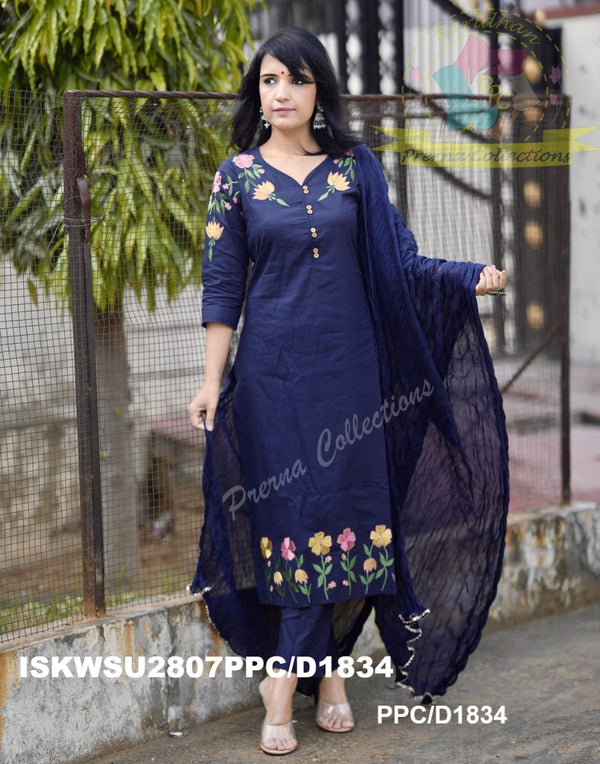 Embroidered Cotton Kurti With Pant And Malmal Cotton Dupatta-ISKWSU2807PPC/D1834